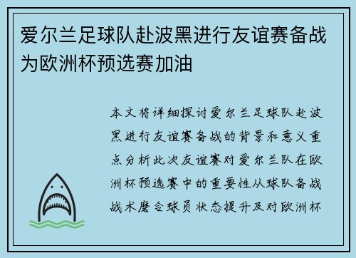 爱尔兰足球队赴波黑进行友谊赛备战为欧洲杯预选赛加油