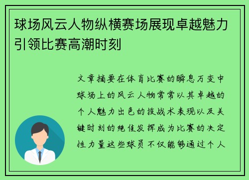 球场风云人物纵横赛场展现卓越魅力引领比赛高潮时刻