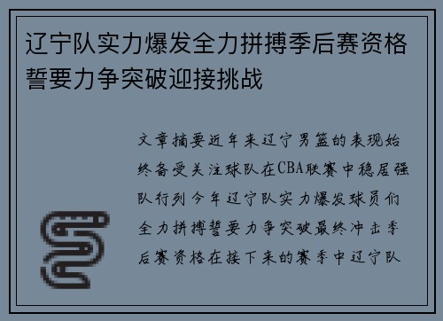 辽宁队实力爆发全力拼搏季后赛资格誓要力争突破迎接挑战
