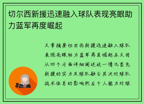 切尔西新援迅速融入球队表现亮眼助力蓝军再度崛起