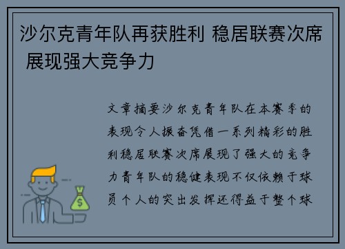 沙尔克青年队再获胜利 稳居联赛次席 展现强大竞争力