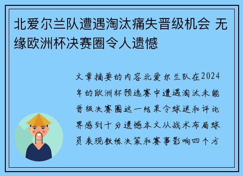北爱尔兰队遭遇淘汰痛失晋级机会 无缘欧洲杯决赛圈令人遗憾