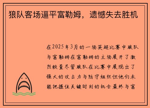狼队客场逼平富勒姆，遗憾失去胜机