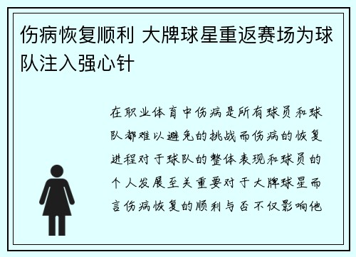 伤病恢复顺利 大牌球星重返赛场为球队注入强心针