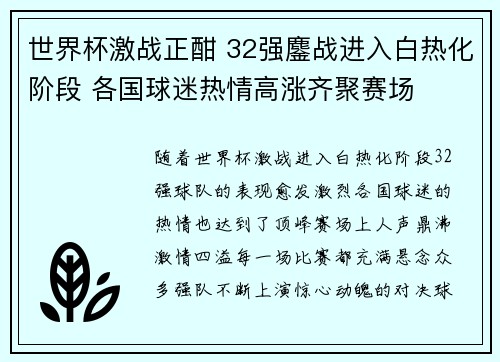 世界杯激战正酣 32强鏖战进入白热化阶段 各国球迷热情高涨齐聚赛场